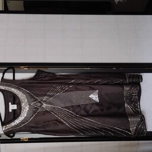 Vertigo Paris - stunning embezzled black, sleeveless satin dress - Size L - NEW